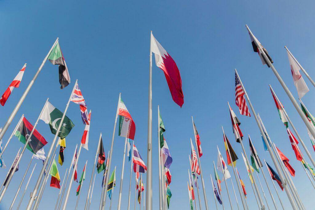 Low angle shot of Flag Plaza against a cloudless blue sky for Fifa World Cup 2022