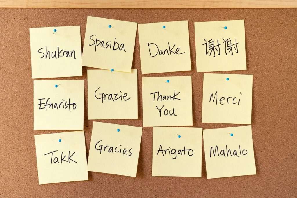 Thank you word cloud notes on corkboard